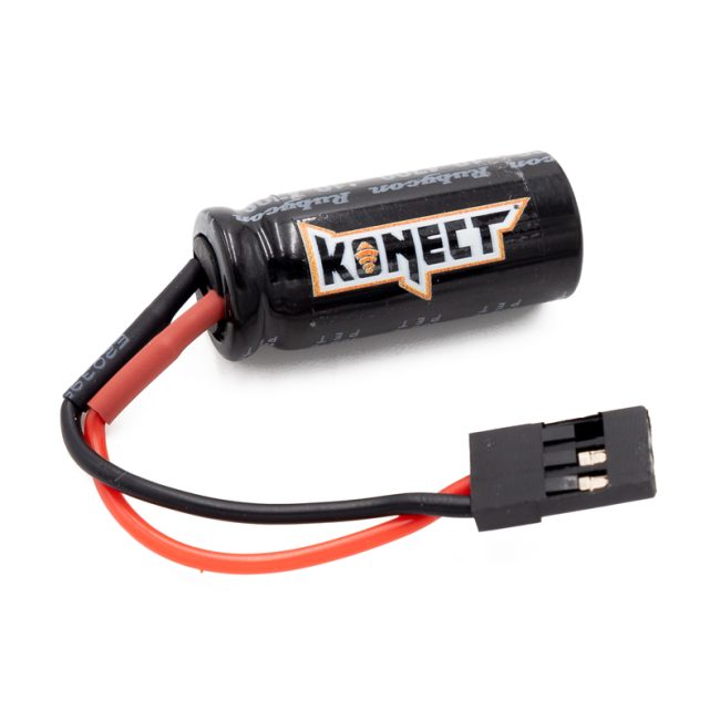 Konect Condensateur pour BEC récepteur 10V 4700uF On l’appelle souvent "glitch buster" ou condensateur de stabilisation. Fonctions principales du condensateur sur le récepteur RC Eviter les baisses de tension temporaires (dips de tension) - Lorsqu’un servo ou un moteur tire beaucoup de courant d’un coup, la tension peut chuter brièvement. Cela peut provoquer un redémarrage du récepteur, entraînant une perte de signal ou des comportements erratiques. Stabiliser l'alimentation - Le condensateur agit comme une réserve d’énergie qui se décharge rapidement pour compenser les fluctuations, assurant une alimentation constante au récepteur. Réduire les interférences